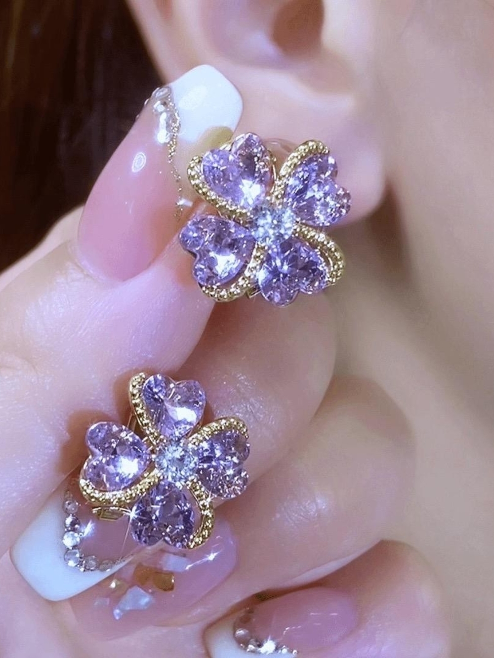 Gold-Tone Purple Crystal Flower Stud Earrings